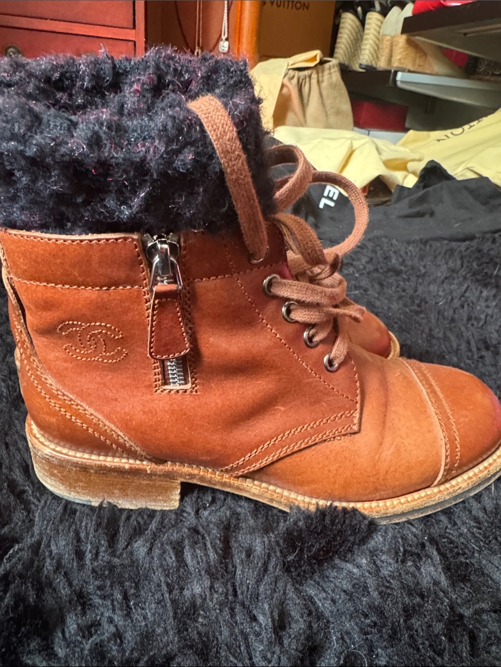 CHANEL Brown Suede Lace-Up Ankle Boots with Black Knit Cuff